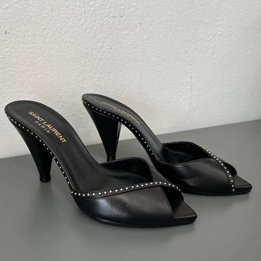 SAINT LAURENT Era Crystal Trim Peep Toe Black Leather Mules